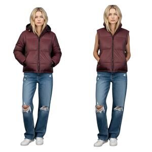 Y2K Womens 2 in 1 Puffer Bomber Jacket/Vest Hooded Burgundy Wine Express Sz S